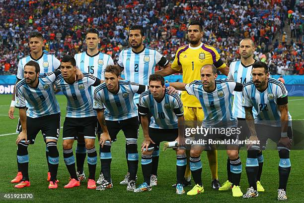 Argentina players pose for a team photo prior to the 2014 FIFA World Cup Brazil Semi Final match between the Netherlands and Argentina at Arena de...