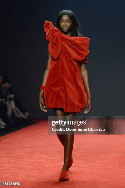 Model walks the runway during the Viktor&Rolf show as part of Paris Fashion Week - Haute Couture Fall/Winter 2014-2015 at La Gaite Lyrique on July 9,...