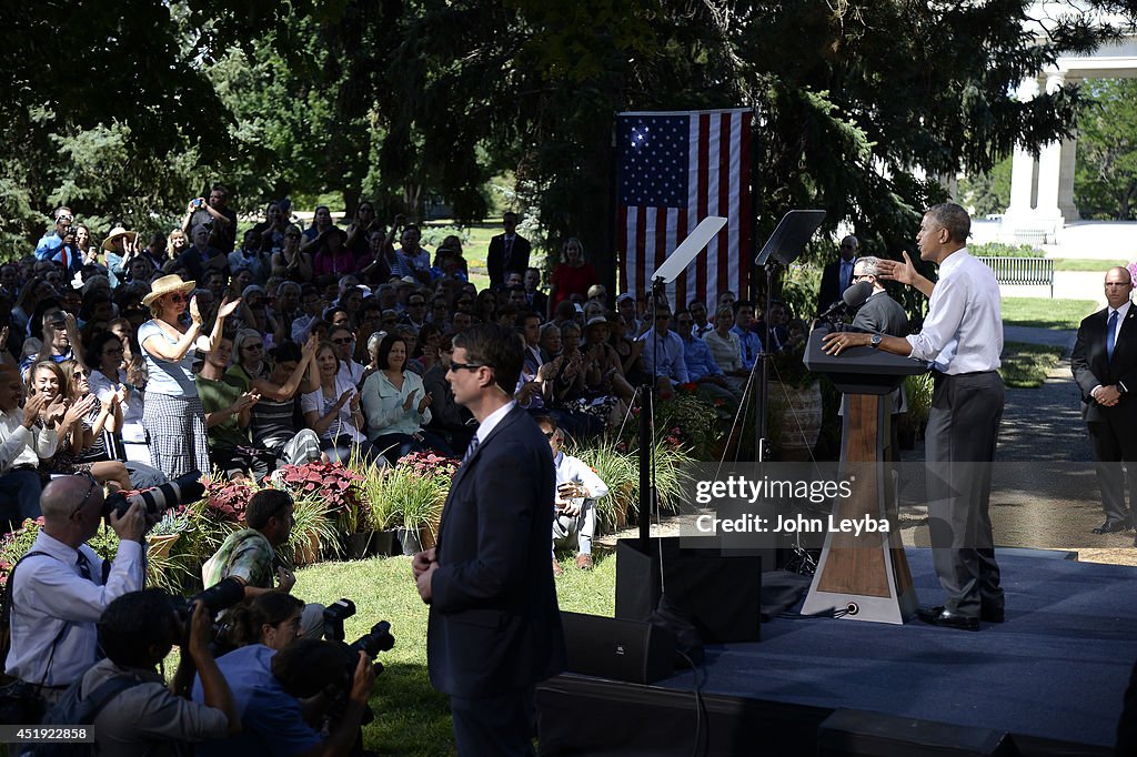 President Obama speaks to a crowd of hand-picked guests at Cheesman Park