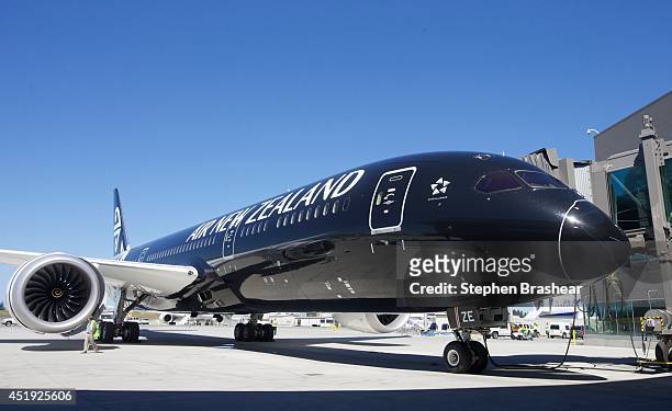 An Air New Zealand 787-9 Dreamliner sits in its stall at the Boeing Delivery Center, July 9, 2014 in Everett, Washington. The 787-9 Dreamliner was...