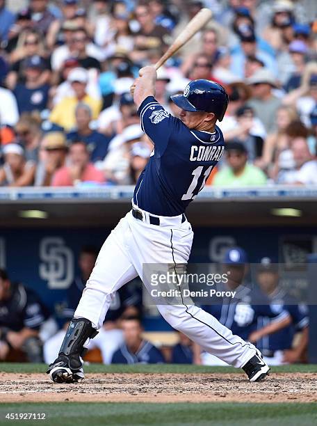 Brooks Conrad of the San Diego Padres plays during a baseball game against the San Francisco Giants at Petco Park July 5, 2014 in San Diego,...