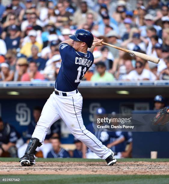 Brooks Conrad of the San Diego Padres plays during a baseball game against the San Francisco Giants at Petco Park July 5, 2014 in San Diego,...