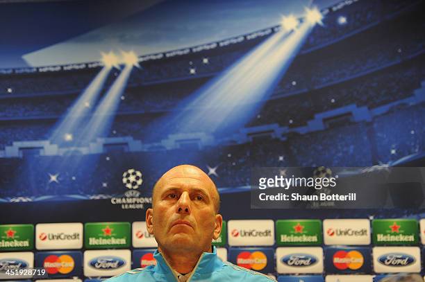 Olympic Marseille coach Elie Baup talks to the media during a press conference at Emirates Stadium on November 25, 2013 in London, England.