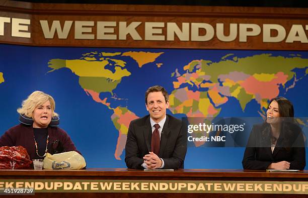 Josh Hutcherson/Haim" Episode 1648 -- Pictured: Aidy Bryant, Seth Meyers, Cecily Strong --