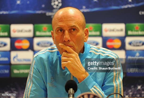 Olympic Marseille coach Elie Baup talks to the media during a press conference at Emirates Stadium on November 25, 2013 in London, England.