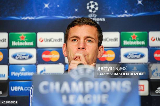 Basel's Swiss midfielder Fabian Frei gives a press conference in Basel on November 25 on the eve of the Champions League group E football match...