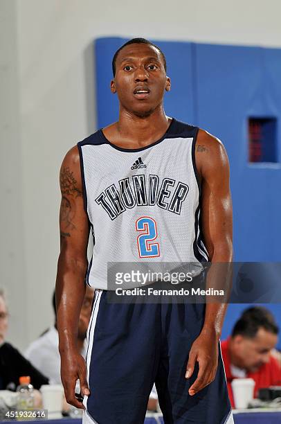 Nolan Smith of the Oklahoma City Thunder stands on the court during a game against the Indiana Pacers during the Samsung NBA Summer League 2014 on...
