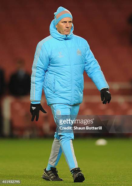 Olympic de Marseille coach Elie Baup during a training session at Emirates Stadium on November 25, 2013 in London, England.