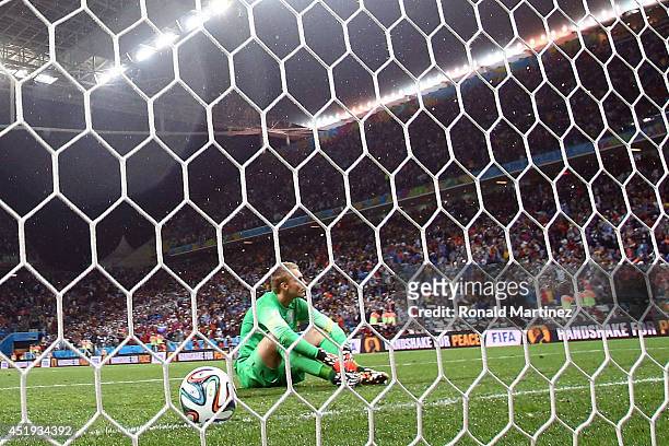 Goalkeeper Jasper Cillessen of the Netherlands reacts after being defeated by Argentina in a penalty shootout during the 2014 FIFA World Cup Brazil...