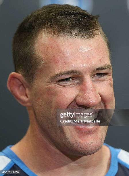 Paul Gallen of the Blues speaks to the media at a post game press conference after game three of the State of Origin series between the Queensland...