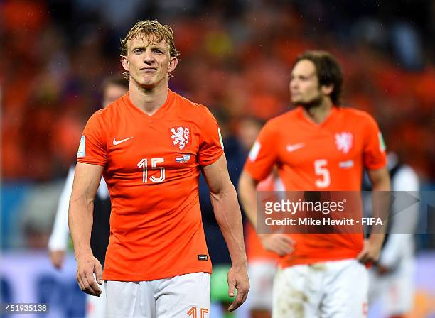 Dirk Kuyt of the Netherlands shows his dejection while walking off the pitch after the penalty shootout defeat in the 2014 FIFA World Cup Brazil Semi...