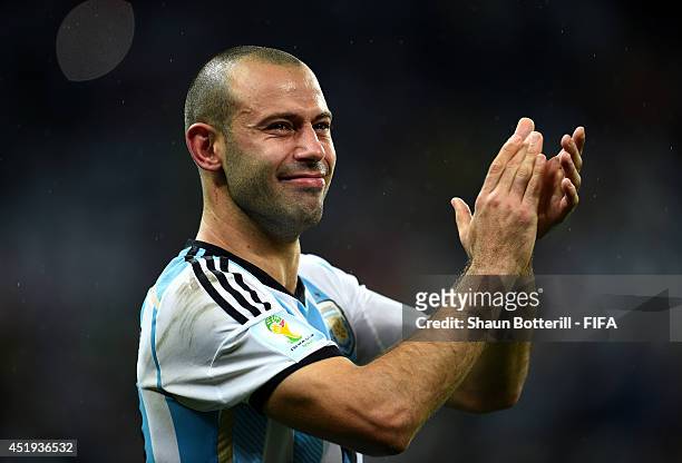 Javier Mascherano of Argentina celebrates the win in the penalty shootout after the 2014 FIFA World Cup Brazil Semi Final match between Netherlands...