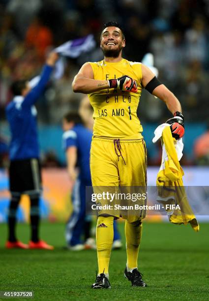 Sergio Romero of Argentina celebrates the win after the 2014 FIFA World Cup Brazil Semi Final match between Netherlands and Argentina at Arena de Sao...