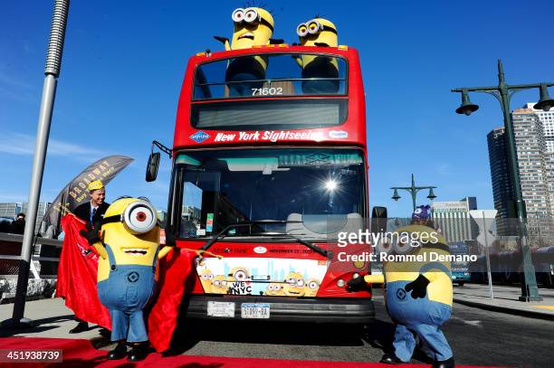 Minions from the film "Despicable Me 2" attend the Gray Line New York's Ride Of Fame Honors "Despicable Me 2" at Pier 78 on November 25, 2013 in New...