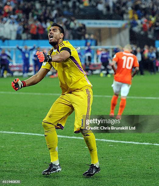 Sergio Romero of Argentina celebrates after saving the penalty of Wesley Sneijder of the Netherlands during the 2014 FIFA World Cup Brazil Semi Final...