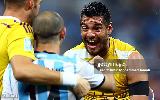 Goalkeeper Sergio Romero of Argentina celebrates after the 2014 FIFA World Cup Brazil Semi Final match between the Netherlands and Argentinaat Arena...