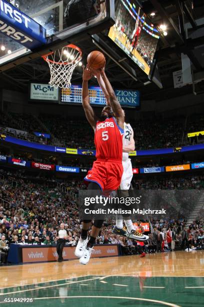 Arnett Moultrie of the Philadelphia 76ers shoots against the Utah Jazz at EnergySolutions Arena on February 12, 2014 in Salt Lake City, Utah. NOTE TO...