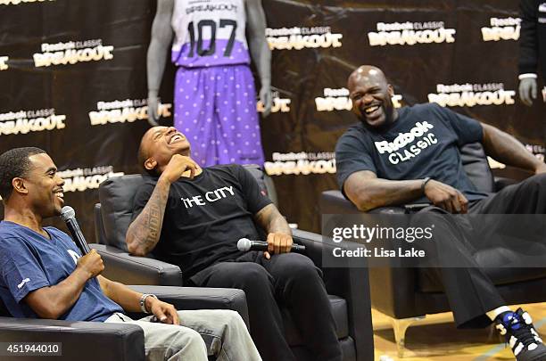 Lil Duval, Isaiah Thomas and Shaquille O'Neal at the Reebok Classic Breakout Classic Rap Roundtable at Philadelphia University on July 9, 2014 in...