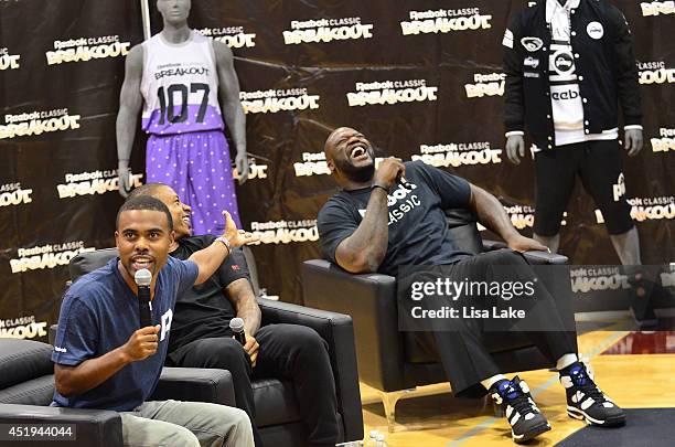 Lil Duval and Shaquille O'Neal at the Reebok Classic Breakout Classic Rap Roundtable at Philadelphia University on July 9, 2014 in Philadelphia,...