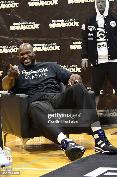 Former NBA player Shaquille O' Neal at the Reebok Classic Breakout Classic Rap Roundtable at Philadelphia University on July 9, 2014 in Philadelphia,...