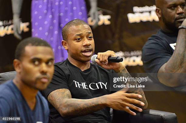 Lil Duval, Isaiah Wilkins and Shaquille O'Neal at the Reebok Classic Breakout Classic Rap Roundtable at Philadelphia University on July 9, 2014 in...