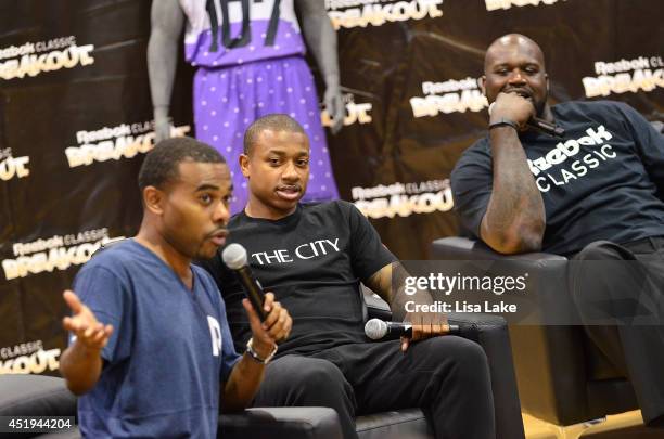 Lil Duval, Isaiah Wilkins and Shaquille O'Neal at the Reebok Classic Breakout Classic Rap Roundtable at Philadelphia University on July 9, 2014 in...