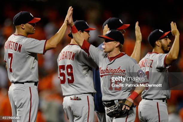 Nate McLouth of the Washington Nationals celebrates with his teammates after the Nationals defeated the Baltimore Orioles 6-2 during a game at Oriole...