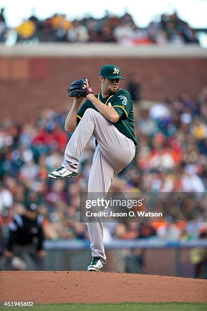 Jason Hammel of the Oakland Athletics pitches against the San Francisco Giants during the first inning at AT&T Park on July 9, 2014 in San Francisco,...