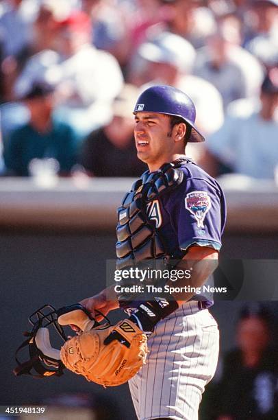 Rod Barajas of the Arizona Diamondbacks during the Spring Training game against the Chicago White Sox on March 5, 2000.