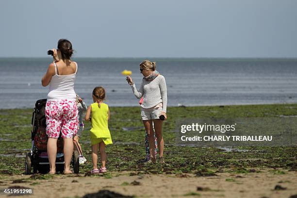 People stand on a beach covered in green algae in Grandcamp-Maisy, northwestern France, on July 9, 2014. The green algae, which plagues the beaches...