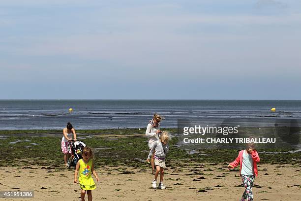 People stand on a beach covered in green algae in Grandcamp-Maisy, northwestern France, on July 9, 2014. The green algae, which plagues the beaches...