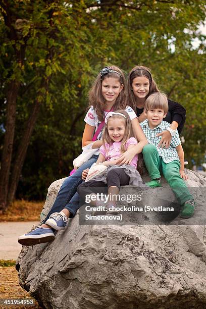 group photo of four children sitting on a rock - front view portrait of four children sitting on rock stock-fotos und bilder