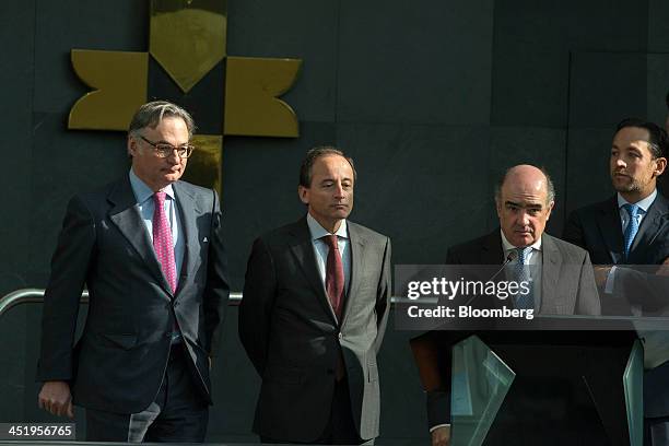 Luis Tellez, chief executive officer of Bolsa Mexicana de Valores SAB, second from right, speaks at the opening bell ceremony marking Grupo Lala...