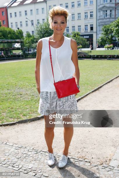 Franziska van Almsick attends the Schumacher show during the Mercedes-Benz Fashion Week Spring/Summer 2015 at Sankt Elisabeth Kirche on July 10, 2014...