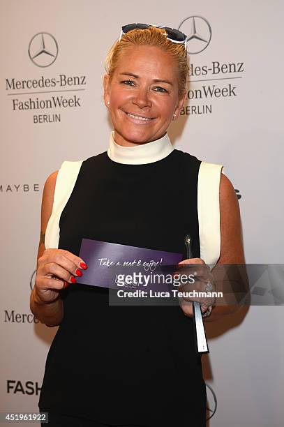 Claudia Effenberg attends the Laurel show during the Mercedes-Benz Fashion Week Spring/Summer 2015 at Erika Hess Eisstadion on July 10, 2014 in...