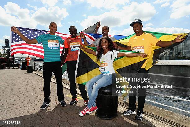 Ashton Eaton of the USA, David Rudisha of Kenya, James Dasaolu of Great Britain and Shelly-Ann Fraser-Pryce and Yohan Blake of Jamacia during a...