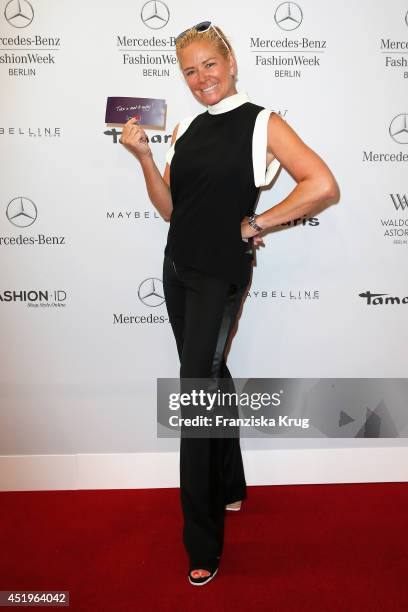 Claudia Effenberg attends the Laurel show during the Mercedes-Benz Fashion Week Spring/Summer 2015 at Erika Hess Eisstadion on July 10, 2014 in...