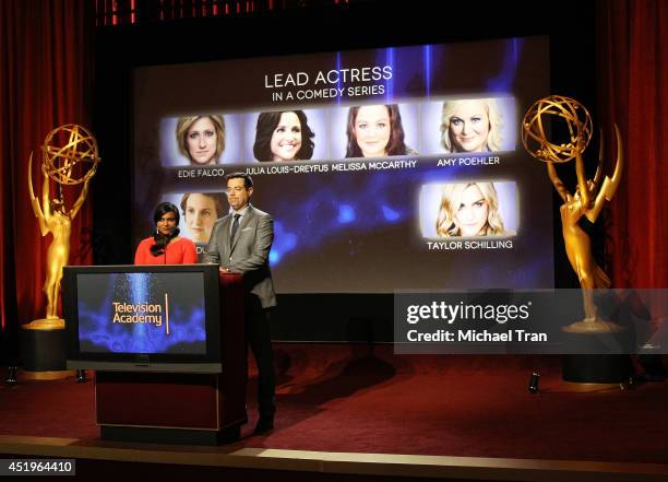 Mindy Kaling and Carson Daly announce the nominees at the 66th Primetime Emmy Awards nominations press conference held at Leonard H. Goldenson...