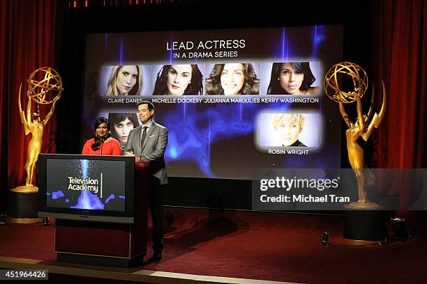 Mindy Kaling and Carson Daly announce the nominees at the 66th Primetime Emmy Awards nominations press conference held at Leonard H. Goldenson...