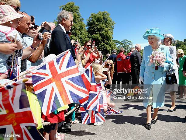 Queen Elizabeth II arrives for a visit to Chatsworth House on July 10, 2014 in Chatsworth, England.