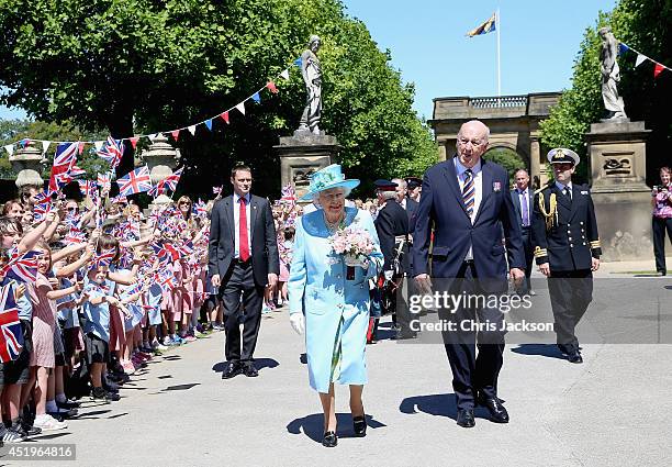 Queen Elizabeth II arrives for a visit to Chatsworth House on July 10, 2014 in Chatsworth, England.