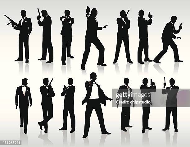 dressed to kill - man pointing gun suit full body stock illustrations