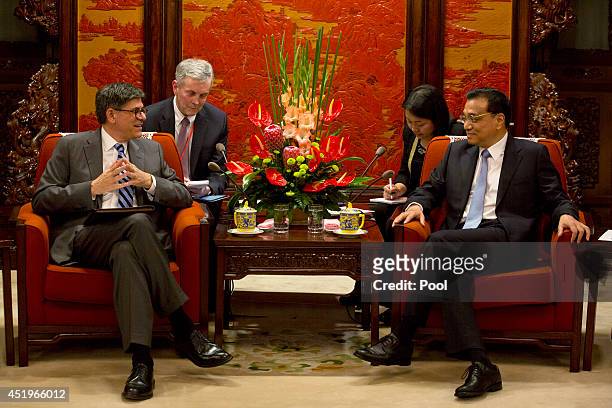 Treasury Secretary Jacob Lew and Chinese Premier Li Keqiang during a meeting at the Zhongnanhai leadership compound on July 10, 2014 in Beijing,...
