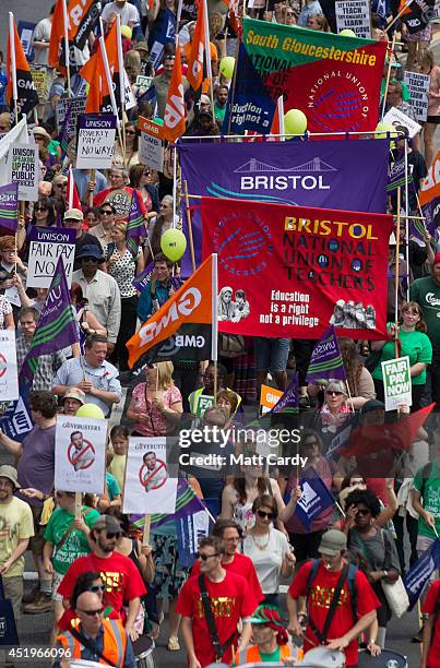 Public sector workers taking industrial action protest in the centre of Bristol on July 10, 2014 in Bristol, England. Over one million public sector...