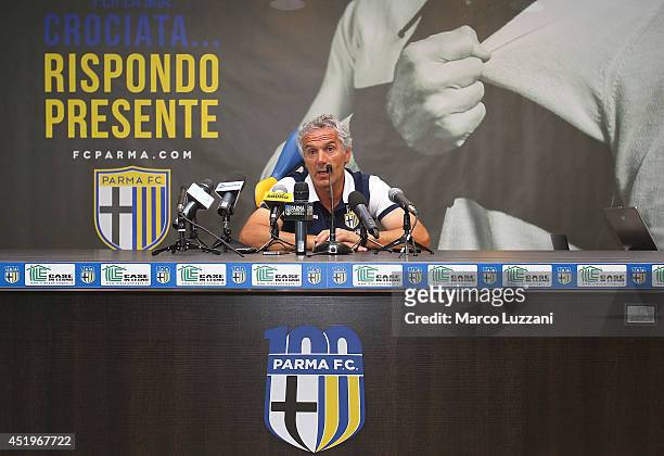 Parma FC coach Roberto Donadoni speaks to the media during a press conference at the club's training ground on July 10, 2014 in Collecchio, Italy.