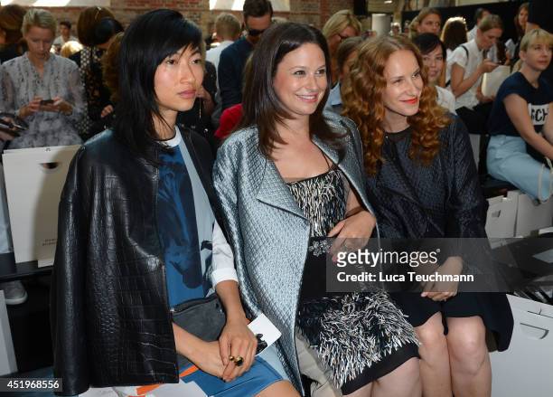 Mimi Xu, Katie Lowes and Chiara Schoras attend the Schumacher show during the Mercedes-Benz Fashion Week Spring/Summer 2015 at Sankt Elisabeth Kirche...