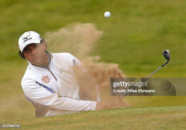 Ricardo Gonzalez of Argentina plays out of the bunker on the 15th hole during the first round of the 2014 Aberdeen Asset Management Scottish Open at...