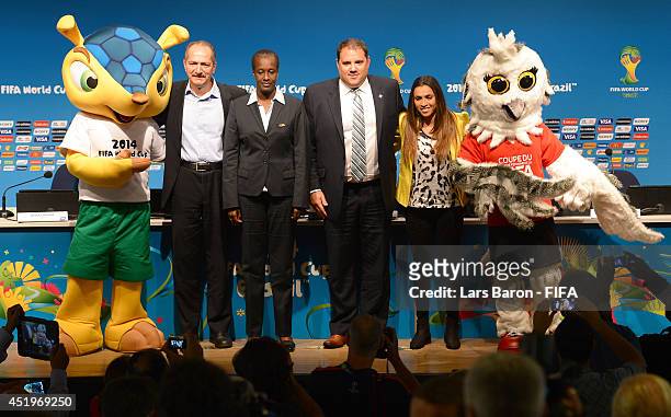 Fuleco, mascot of the FIFA World Cup Brazil 2014, Aldo Rebelo, Brazil's Minister of Sports, Lydia Nsekera, FIFA Executive Committee member and Chair...