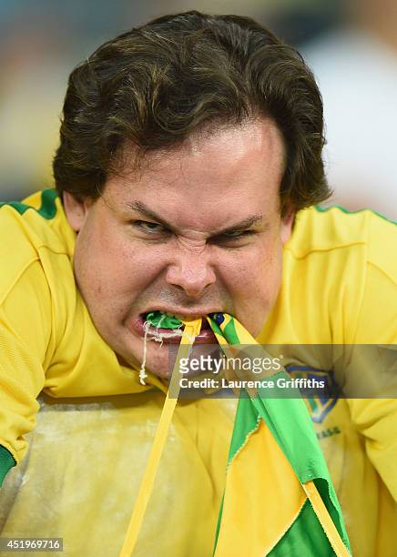 An emotional Brazil fan reacts after being defeated by Germany 7-1 after the 2014 FIFA World Cup Brazil Semi Final match between Brazil and Germanyat...