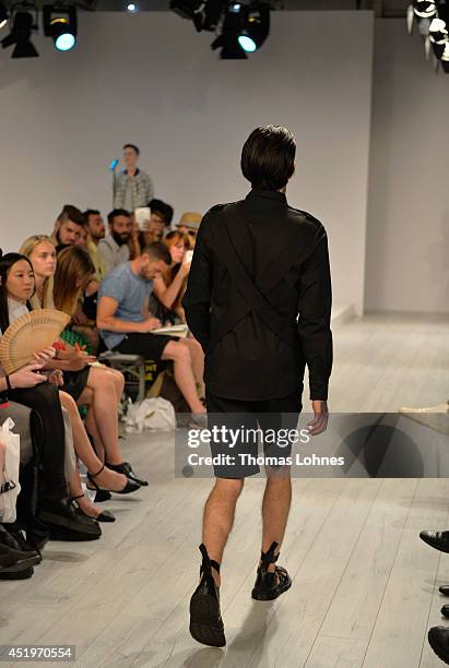 Model poses at the Sopopular show during the Mercedes-Benz Fashion Week Spring/Summer 2015 at Erika Hess Eisstadion on July 10, 2014 in Berlin,...